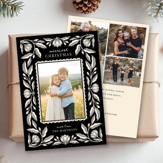 Folk Art Floral Frame Christmas 4 Photo シーズンカード