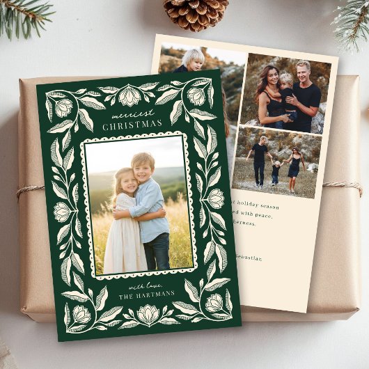 Folk Art Floral Frame Christmas 4 Photo シーズンカード