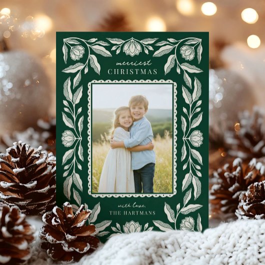 Folk Art Floral Frame Christmas Photo シーズンカード