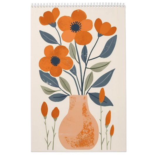 Folk Art Floral | Scandinavian Orange Flower Wall カレンダー (カバー)