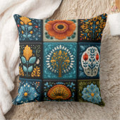 Folk Art Floral Tile Pattern Decorative Throw Pill クッション (ブランケット)