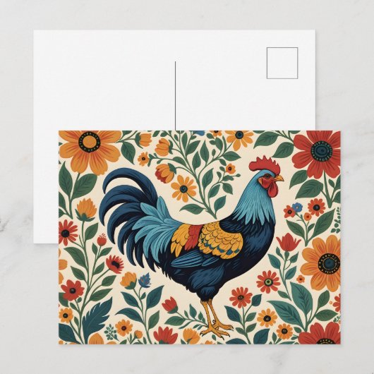 Folk Art Indigo Rooster ポストカード (正面/裏面)