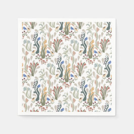 Folk Art Meadow & Blue Bird in Earth Tones スタンダードカクテルナプキン