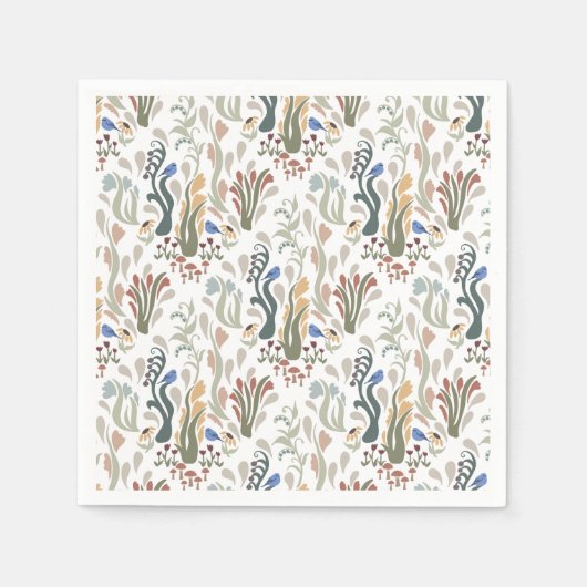 Folk Art Meadow & Blue Bird in Earth Tones スタンダードカクテルナプキン (正面)