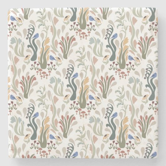 Folk Art Meadow & Blue Bird in Earth Tones ストーンコースター (正面)