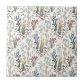 Folk Art Meadow & Blue Bird in Earth Tones タイル (正面)