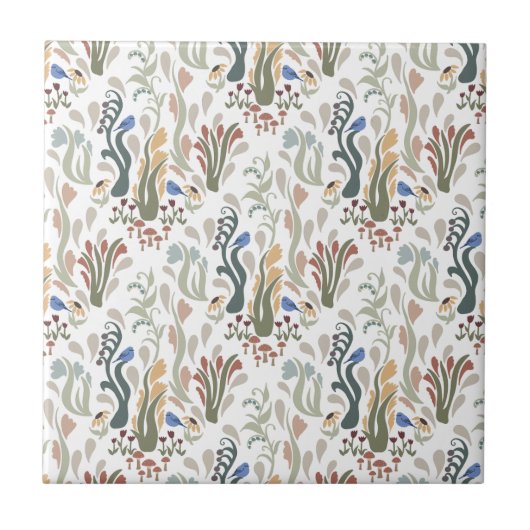 Folk Art Meadow & Blue Bird in Earth Tones タイル (正面)