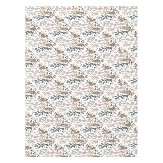 Folk Art Meadow & Blue Bird in Earth Tones テーブルクロス (正面)