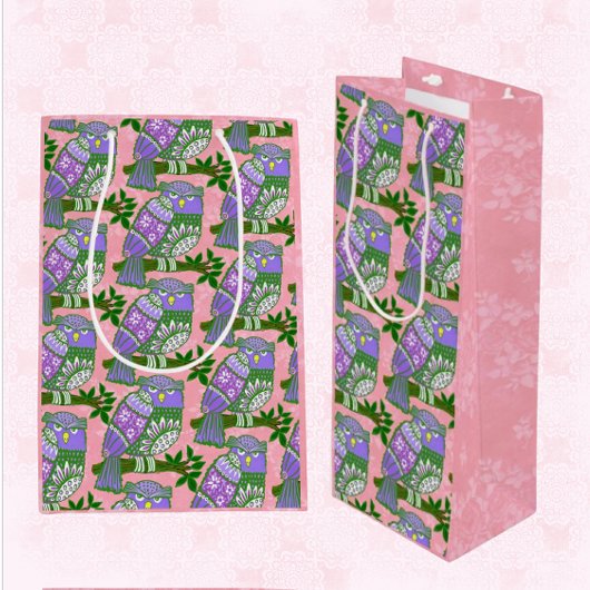Folk Art Owl Purple Pink  ワインギフトバッグ