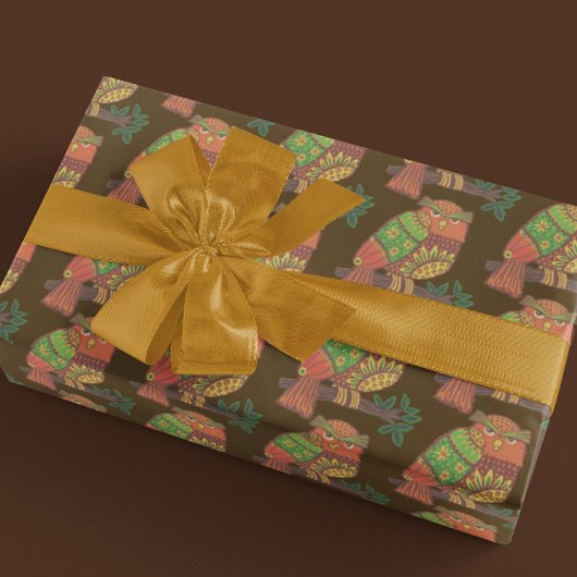 Folk Art Owls on Branches All Occasion ラッピングペーパー