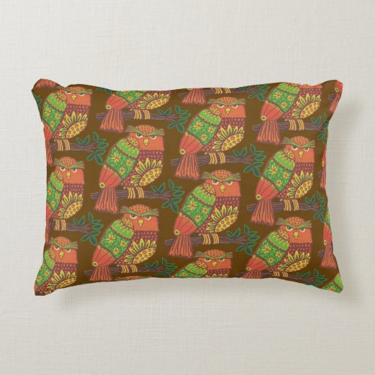 Folk Art Owls on Branches Kids アクセントクッション (正面)