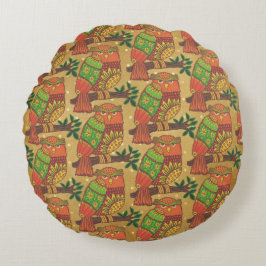 Folk Art Owls on Branches Kids  ラウンドクッション