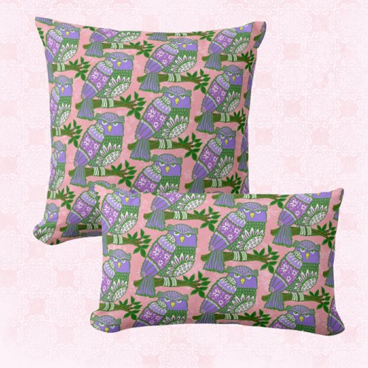 Folk Art Owls Pink Purple Kids クッション
