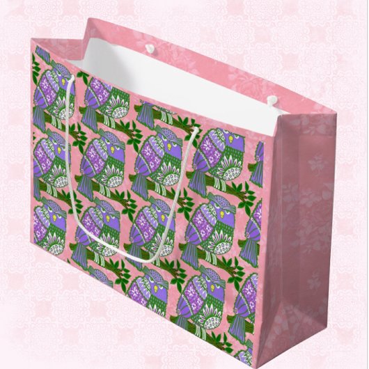 Folk Art Owls Pink Purple Kids ラージペーパーバッグ