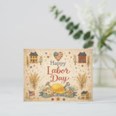 Folk Art Patriotic Happy Labor Day シーズンポストカード (スタンド正面)