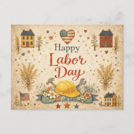 Folk Art Patriotic Happy Labor Day シーズンポストカード