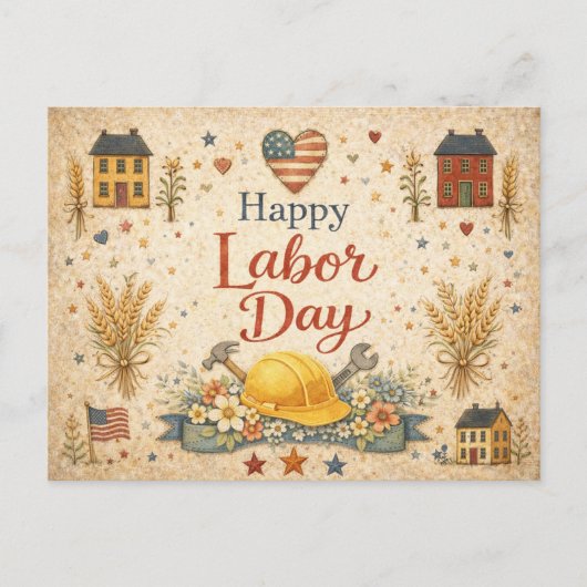 Folk Art Patriotic Happy Labor Day シーズンポストカード (正面)