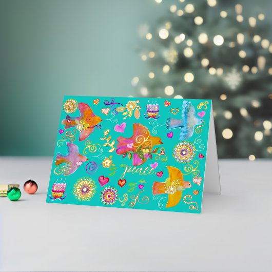 Folk Art Peace Doves Folded Foil Holiday Card 箔シーズンカード (クリスマスインサイチュ2)