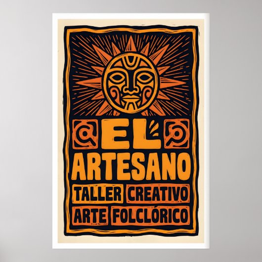 Folk Art Poster Sun Face Bold Block Print in ポスター (正面)