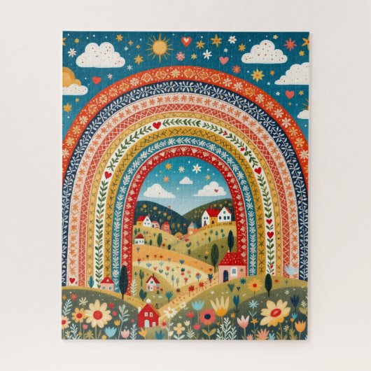 Folk Art Rainbow Village Puzzle ジグソーパズル (縦)