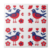 Folk Art Red Blue Bird Floral Pattern タイル (正面)