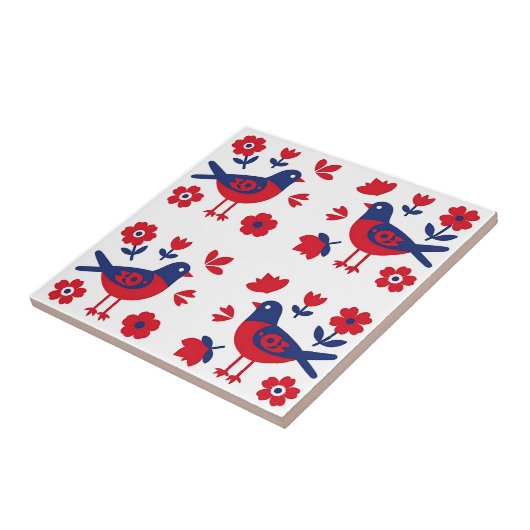 Folk Art Red Blue Bird Floral Pattern タイル (側面)