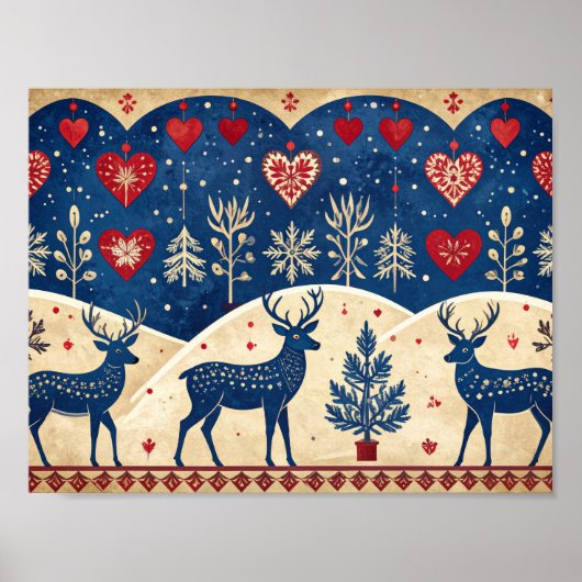 Folk-Art Reindeer Pattern Poster ポスター (正面)