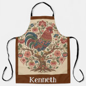 Folk Art Rooster Personalized Large Apron エプロン (正面)