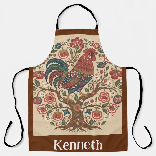 Folk Art Rooster Personalized Large Apron エプロン (正面)