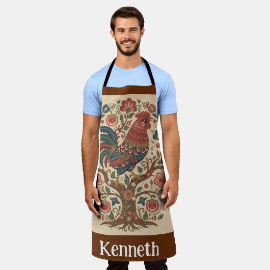 Folk Art Rooster Personalized Large Apron エプロン (着用した状態)