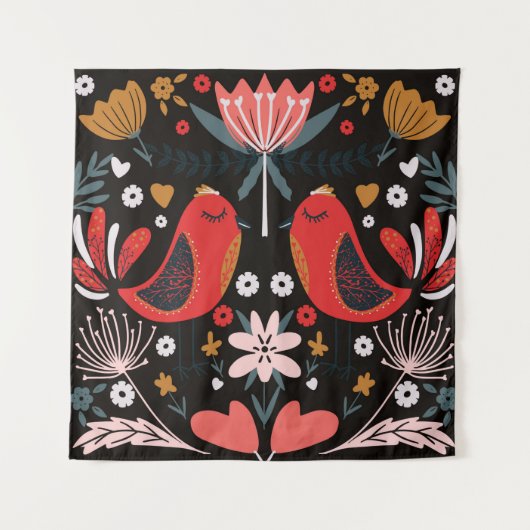 folk art scandinavian colourful pattern with flora タペストリー (正面)