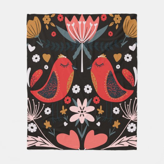 folk art scandinavian colourful pattern with flora フリースブランケット (正面)