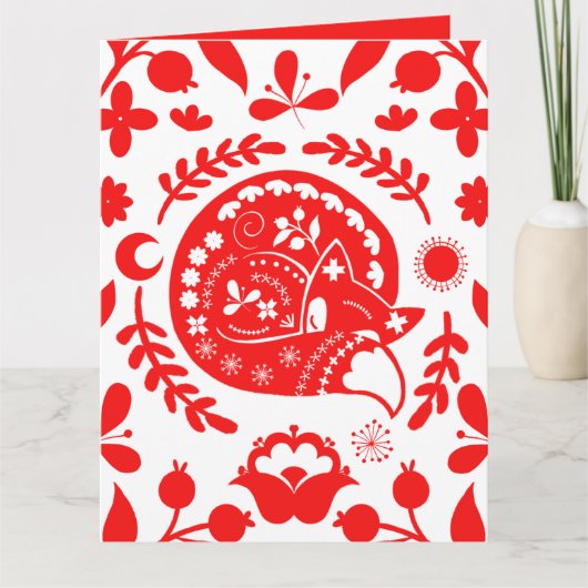 Folk Art Sleeping Fox Merry Christmas Holiday Card カード (正面)