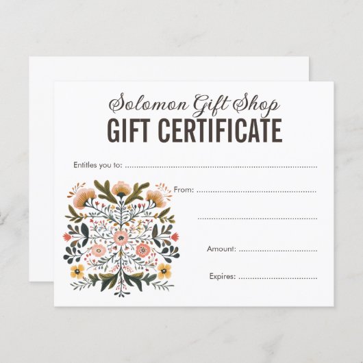Folk Art Store Shop Gift Voucher Certificate (正面/裏面)