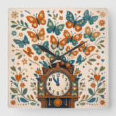 Folk Art Style Butterfly Wall Clock スクエア壁時計 (正面)