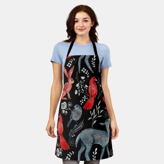 Folk-art style floral  pattern designs エプロン (着用した状態)