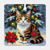 Folk Art Tabby Cat and Custom Message Christmas メタルオーナメント (正面)