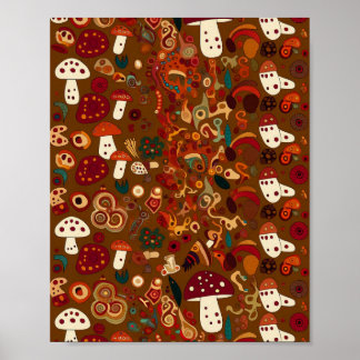 Folk Art Wild Mushroom Design ポスター