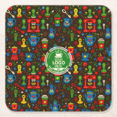 Folk coffee logo badge on dark pattern スクエアペーパーコースター (正面)