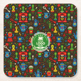 Folk coffee logo badge on dark pattern スクエアペーパーコースター