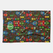 Folk coffee pattern — emerald, red & cobalt accent キッチンタオル (横)