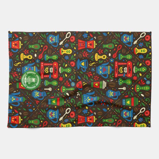 Folk coffee pattern — emerald, red & cobalt accent キッチンタオル (横)