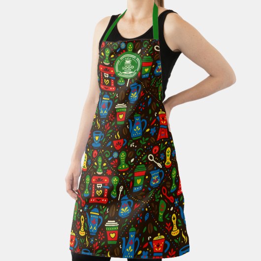 Folk coffee tools — emerald, red & cobalt on black エプロン (インサイチュ)