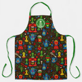 Folk coffee tools — emerald, red & cobalt on black エプロン (正面)