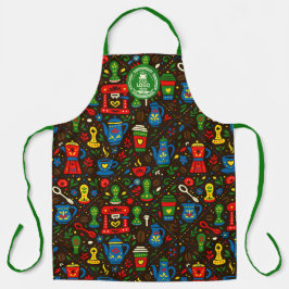 Folk coffee tools — emerald, red & cobalt on black エプロン