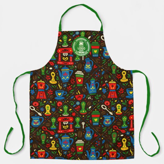 Folk coffee tools — emerald, red & cobalt on black エプロン (正面)