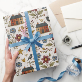 Folk Cottage Hearts Garden Pattern ラッピングペーパー