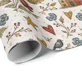 Folk Cottage Hearts Garden Pattern ラッピングペーパー (ロールコーナー)