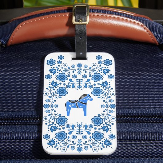Folk Dala horse floral flower design/white B ラゲッジタグ (正面インサイチュ2)