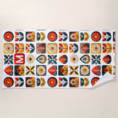 Folk Floral Summer Vibes - Personalized Monogram ビーチタオル (正面)